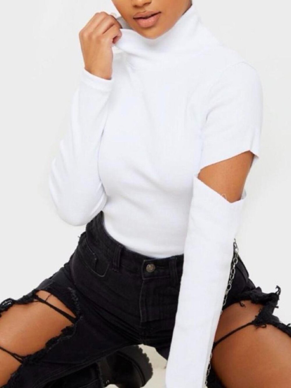 White cut out long sleeve turtleneck top